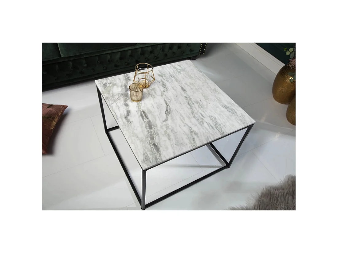 Table basse VORTEX 50 cm en marbre blanc poli avec structure métal noir