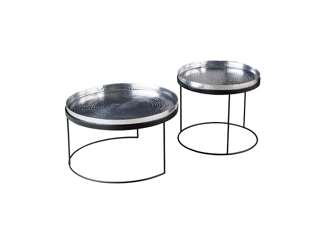 Tables basses gigognes VORTEX argentées aluminium – lot de 2 tables rondes design effet martelé