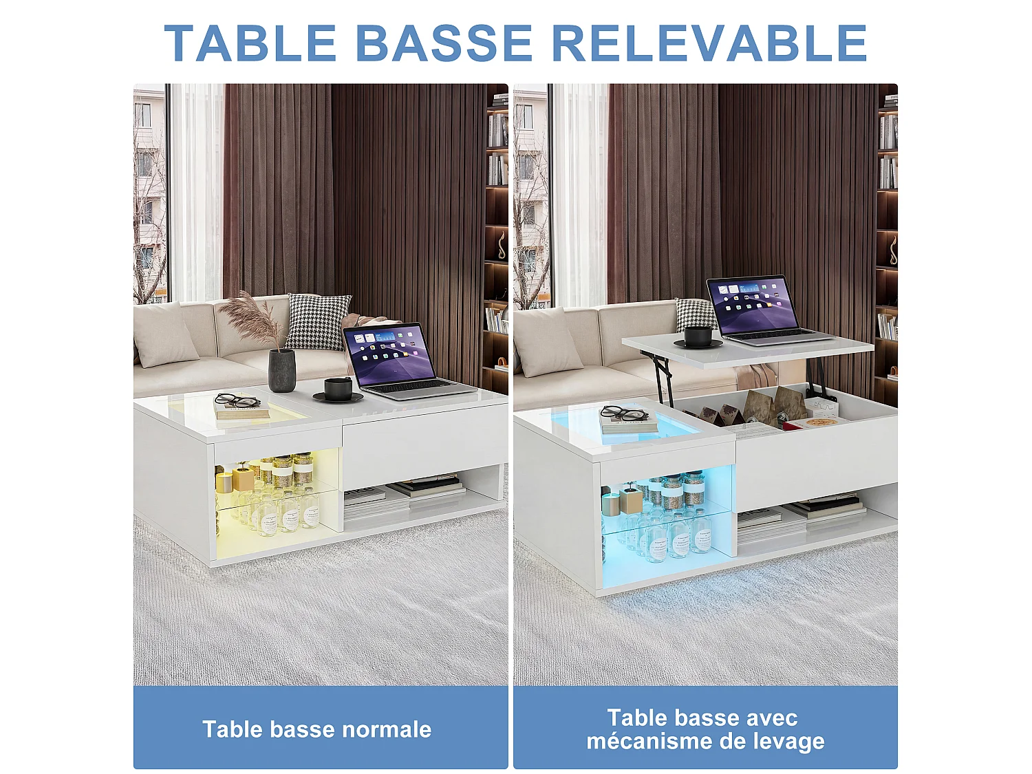 Table Basse Relevable, en Bois Blanc Brillant, avec LED RGB et Rangement, pour Salon Moderne, 100x55x35cm
