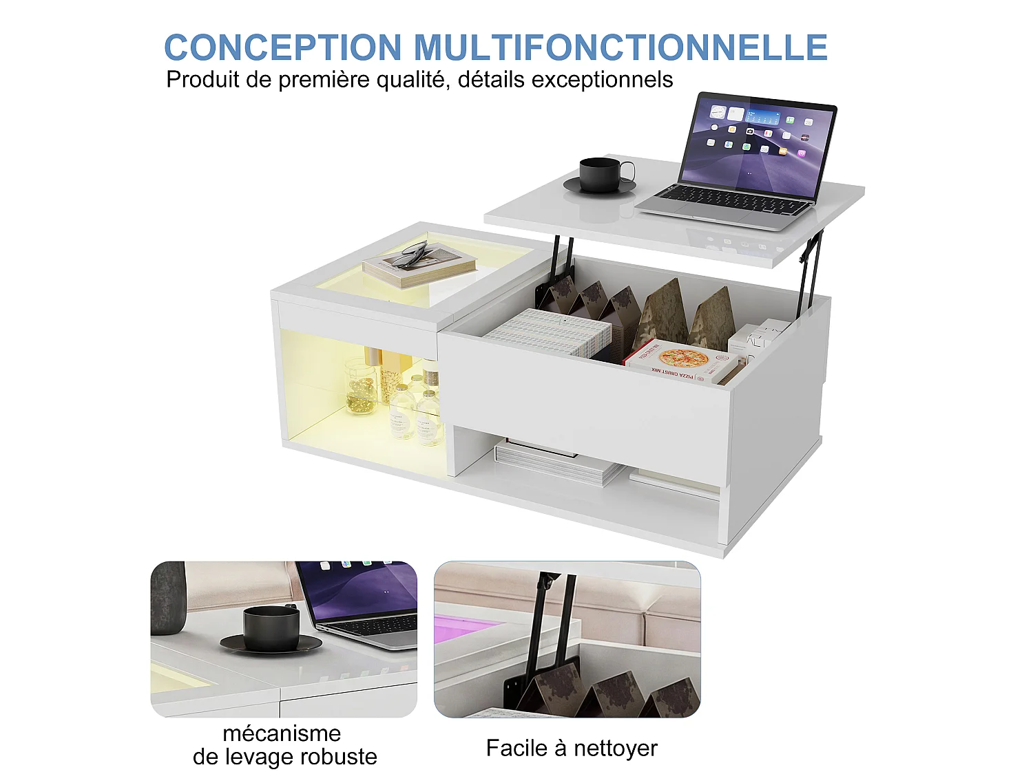 Table Basse Relevable, en Bois Blanc Brillant, avec LED RGB et Rangement, pour Salon Moderne, 100x55x35cm