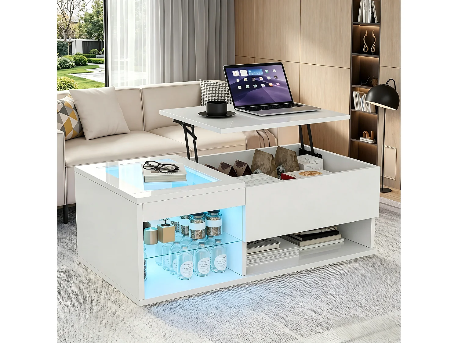 Table Basse Relevable, en Bois Blanc Brillant, avec LED RGB et Rangement, pour Salon Moderne, 100x55x35cm