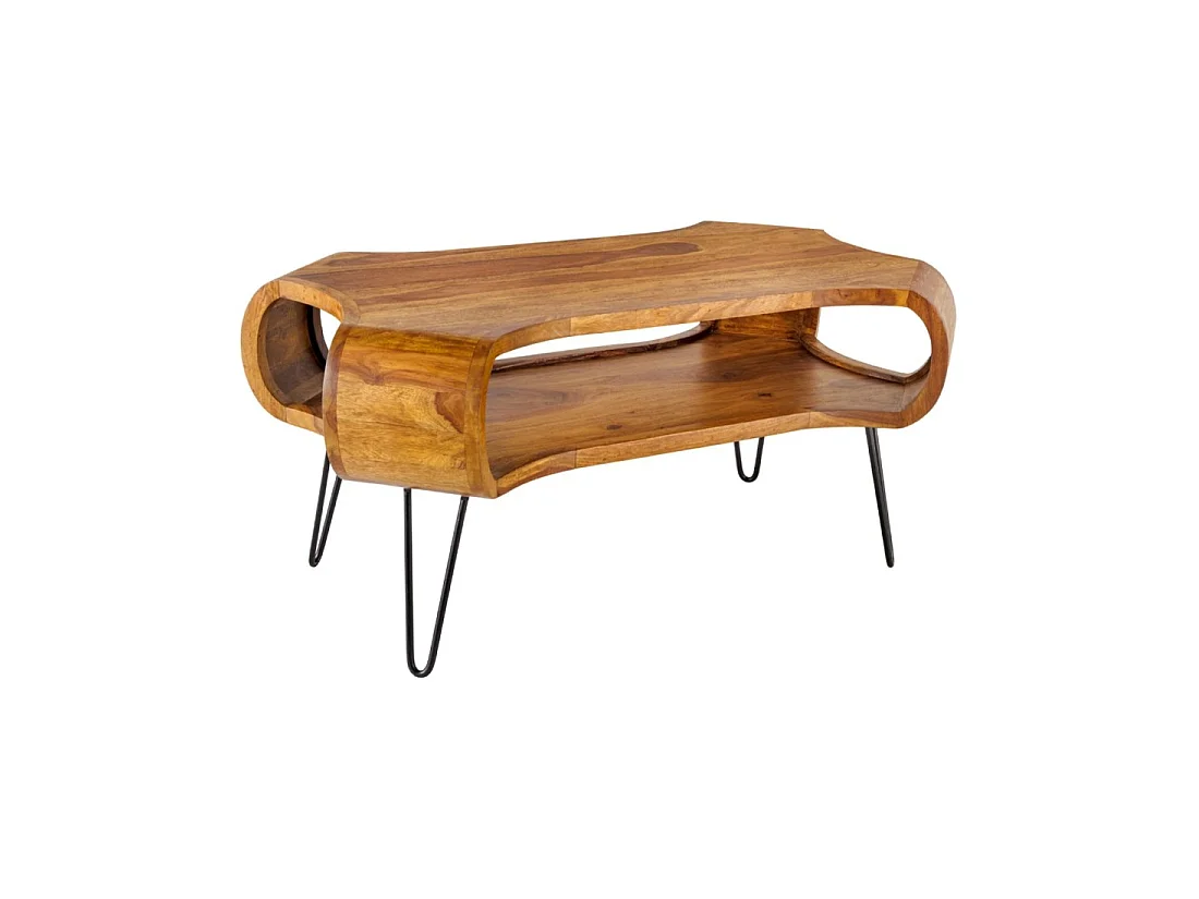 Mesa baja NERA 100 cm en madera maciza de Sheesham con nicho – estilo retro industrial