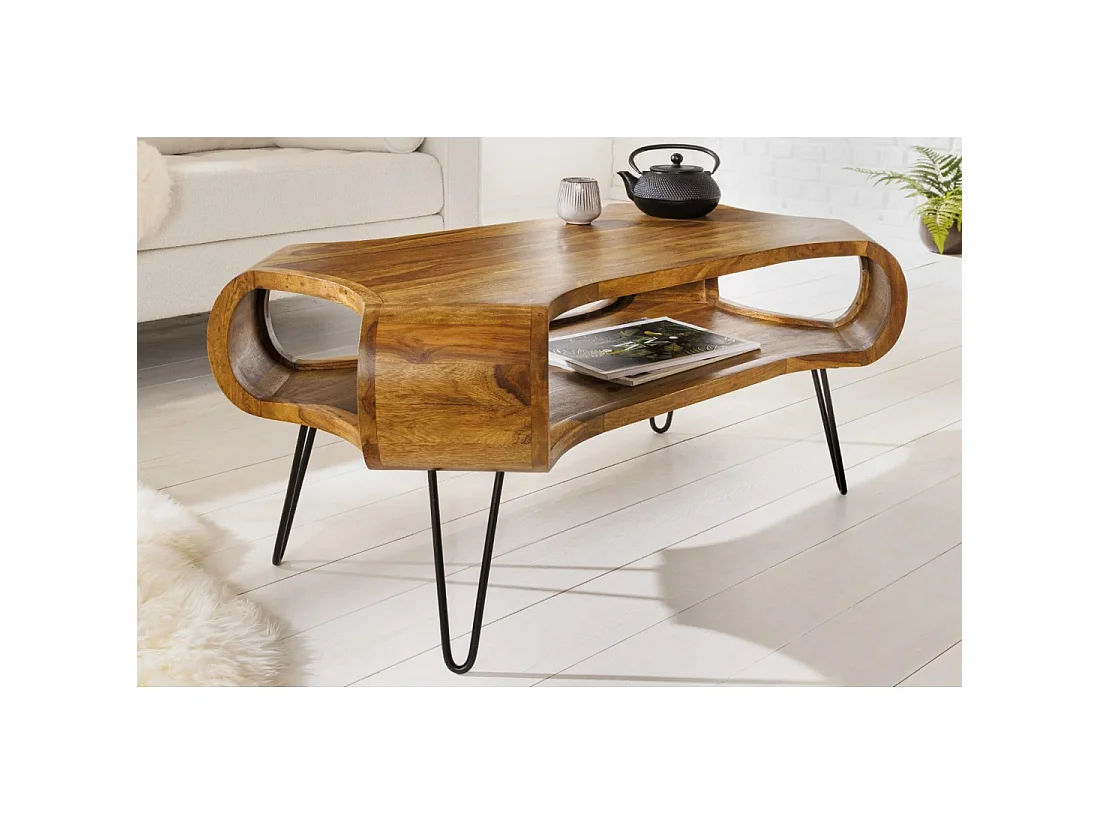 Mesa baja NERA 100 cm en madera maciza de Sheesham con nicho – estilo retro industrial
