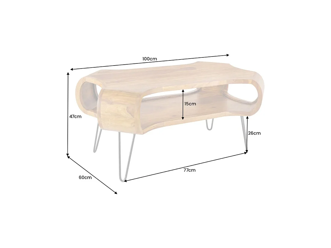Mesa baja NERA 100 cm en madera maciza de Sheesham con nicho – estilo retro industrial