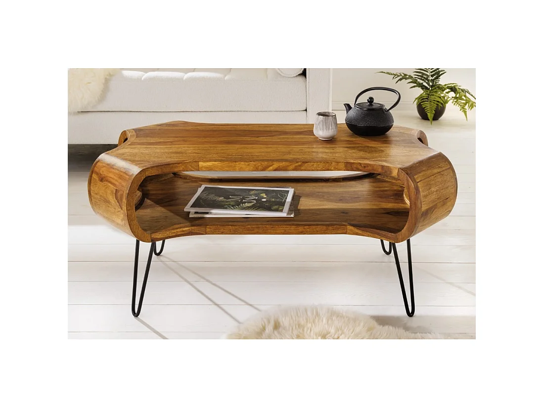 Mesa baja NERA 100 cm en madera maciza de Sheesham con nicho – estilo retro industrial