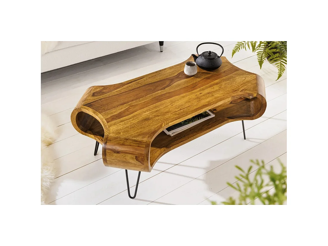 Mesa baja NERA 100 cm en madera maciza de Sheesham con nicho – estilo retro industrial