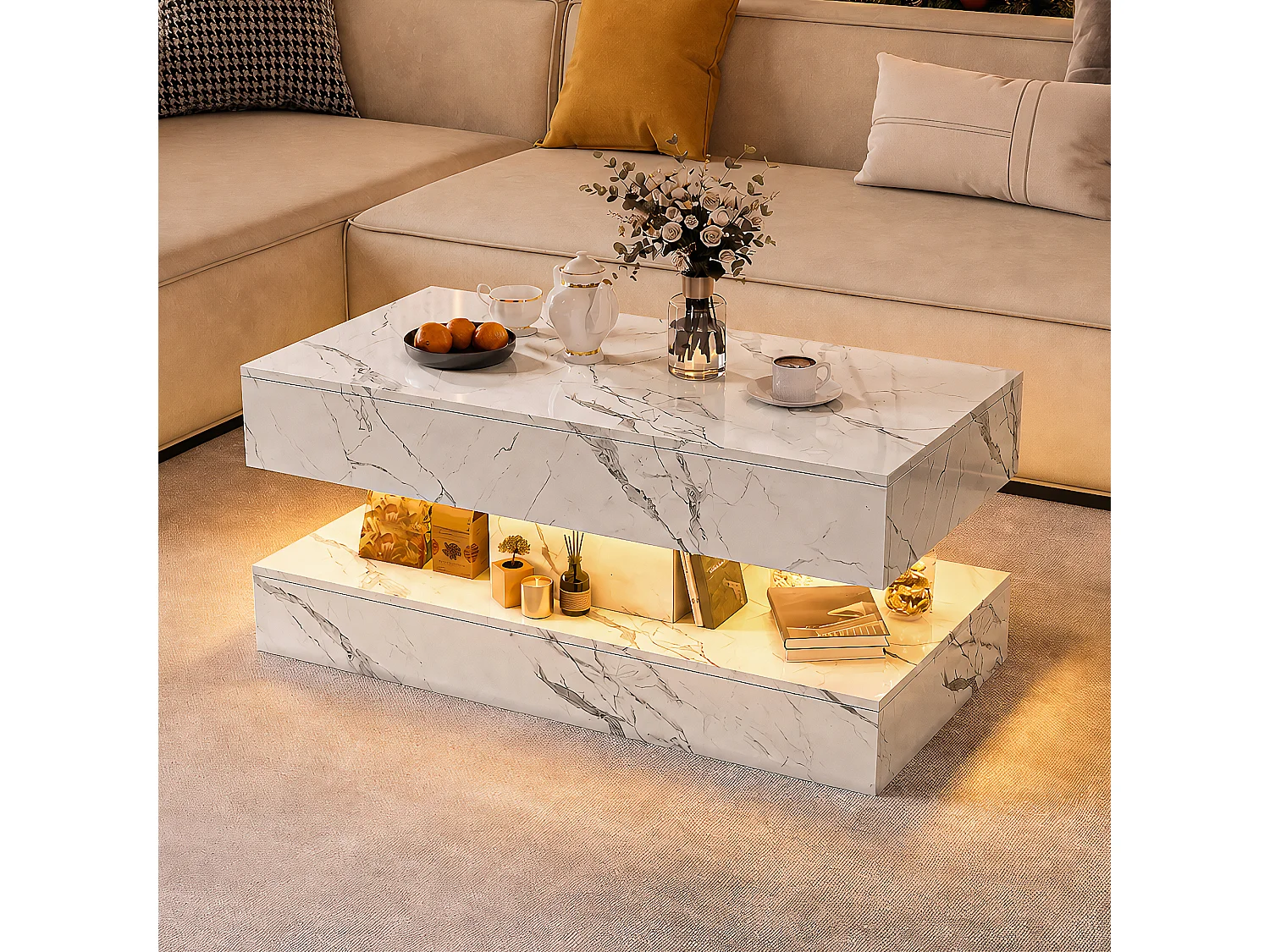 Table Basse LED RGB Marbre Blanche 100x50x45cm, Contrôle APP/Télécommande, 2 Tiroirs à Pression, Rangement Abondant