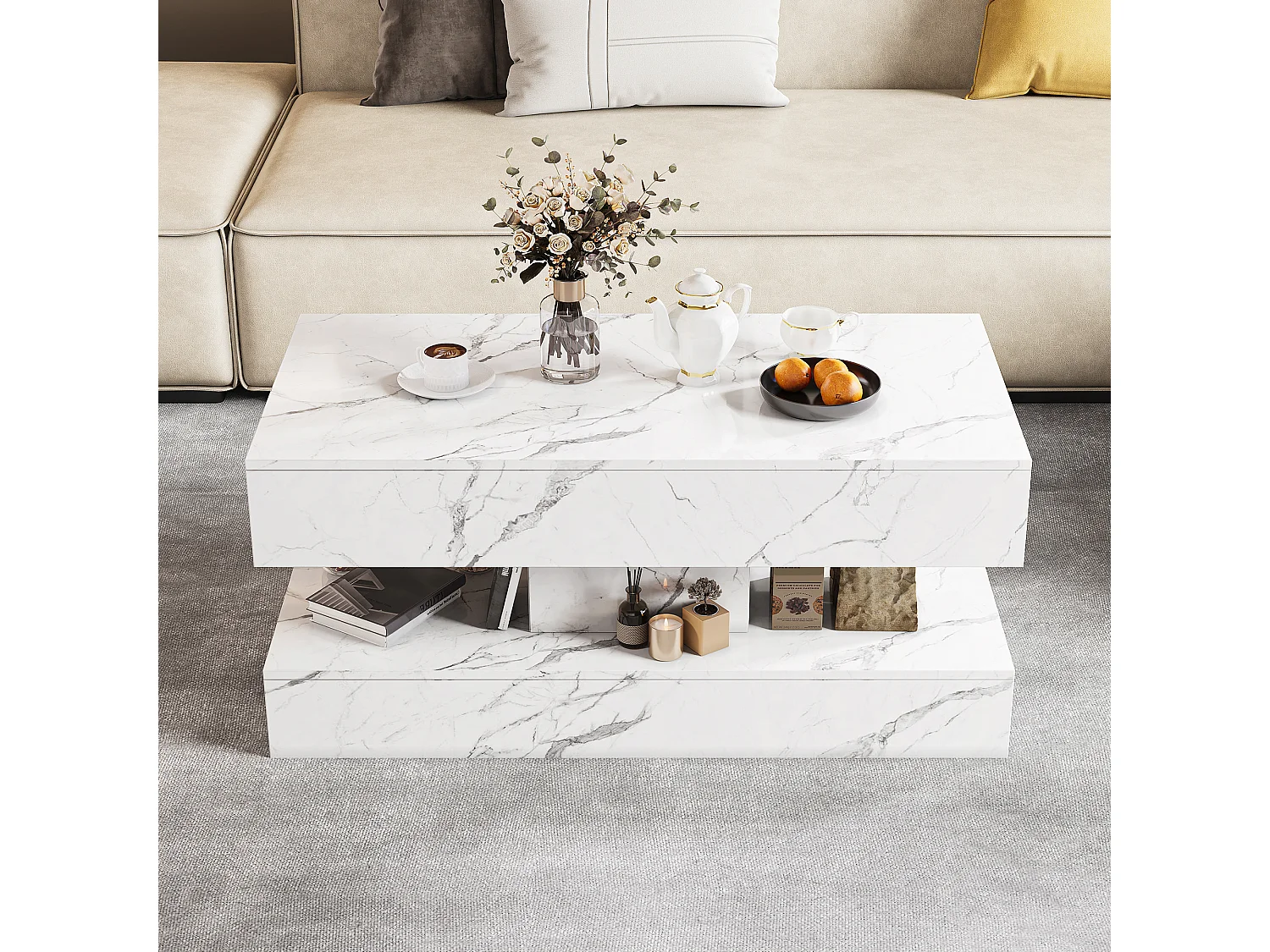 Table Basse LED RGB Marbre Blanche 100x50x45cm, Contrôle APP/Télécommande, 2 Tiroirs à Pression, Rangement Abondant