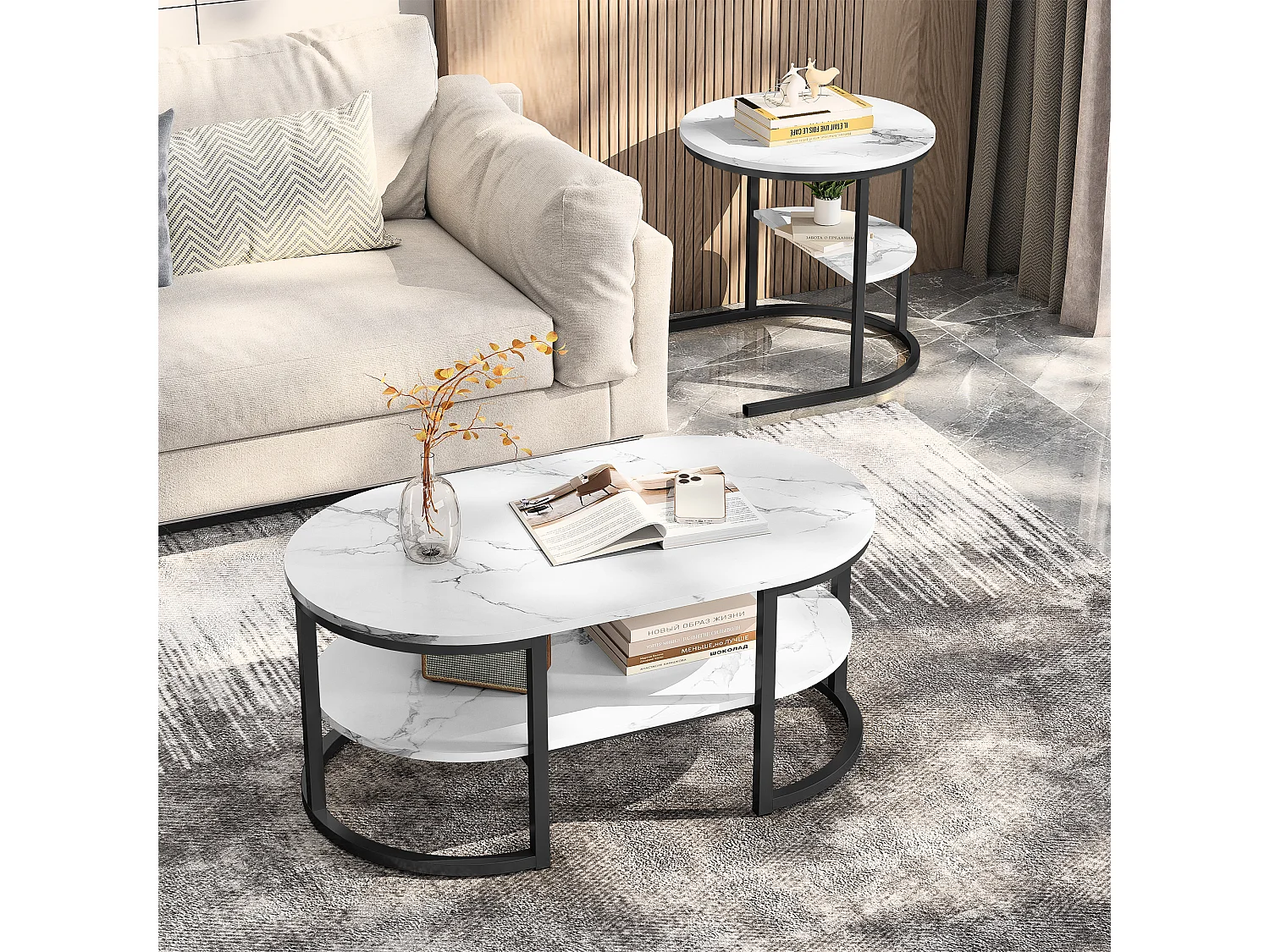 Lot de 2 Tables Basses Gigognes, Plateau Effet Marbre, Structure Noire, Gain de Place pour Petit Espace, 80/52cm