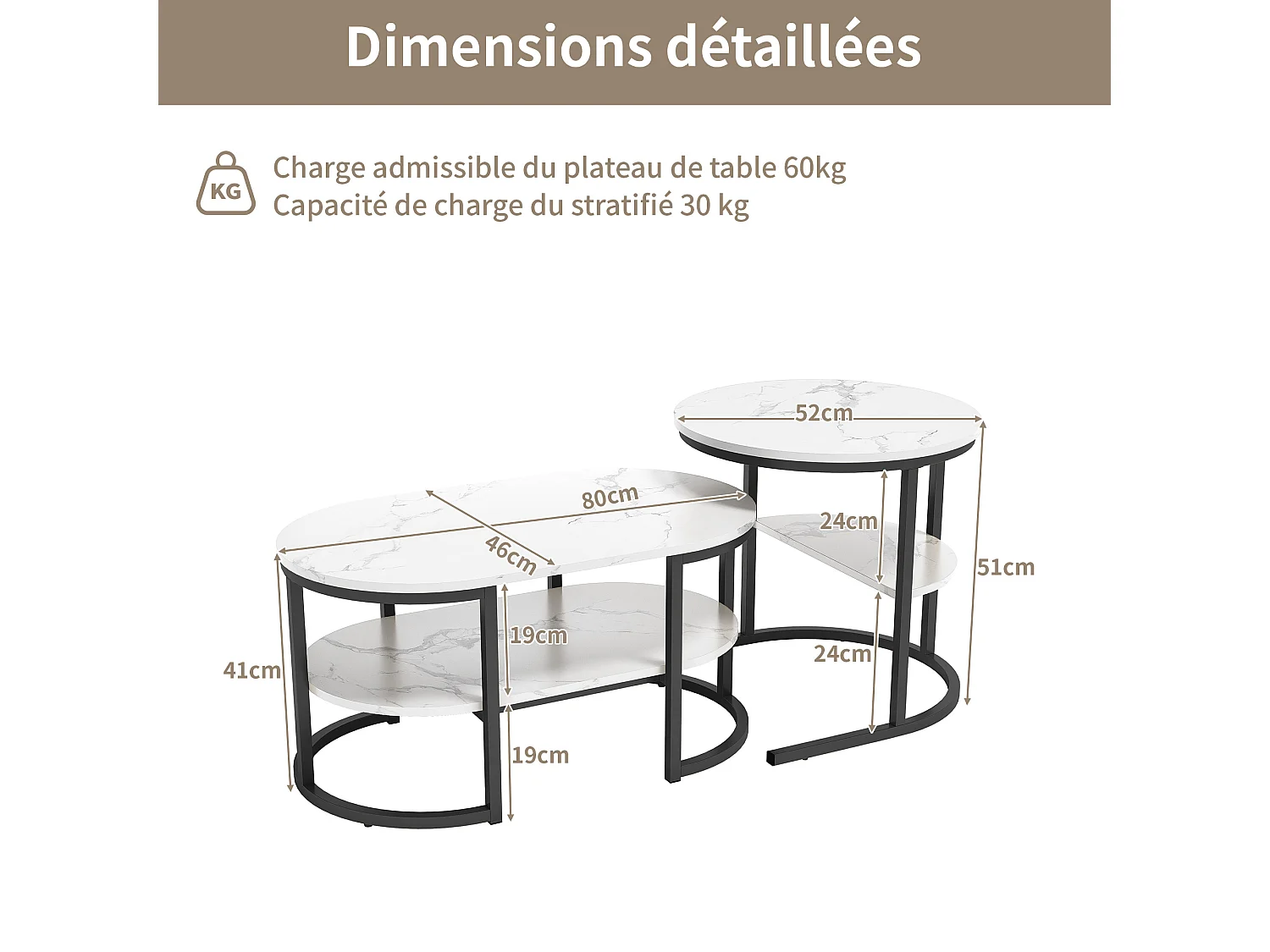Lot de 2 Tables Basses Gigognes, Plateau Effet Marbre, Structure Noire, Gain de Place pour Petit Espace, 80/52cm