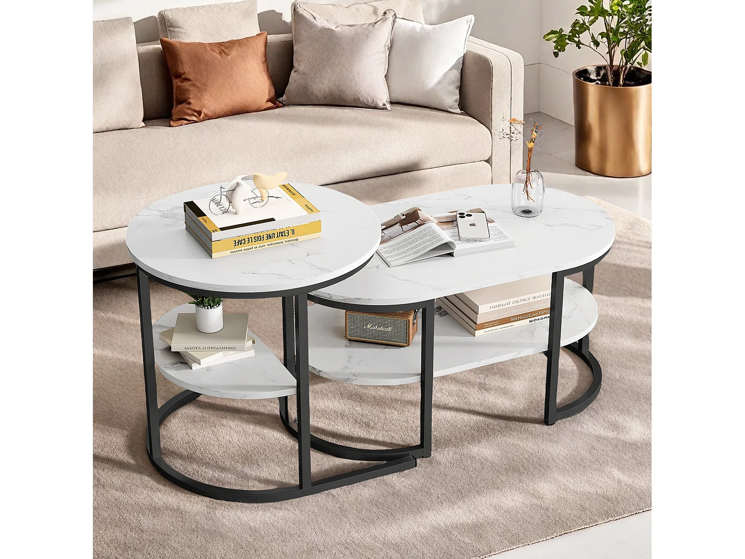 Lot de 2 Tables Basses Gigognes, Plateau Effet Marbre, Structure Noire, Gain de Place pour Petit Espace, 80/52cm