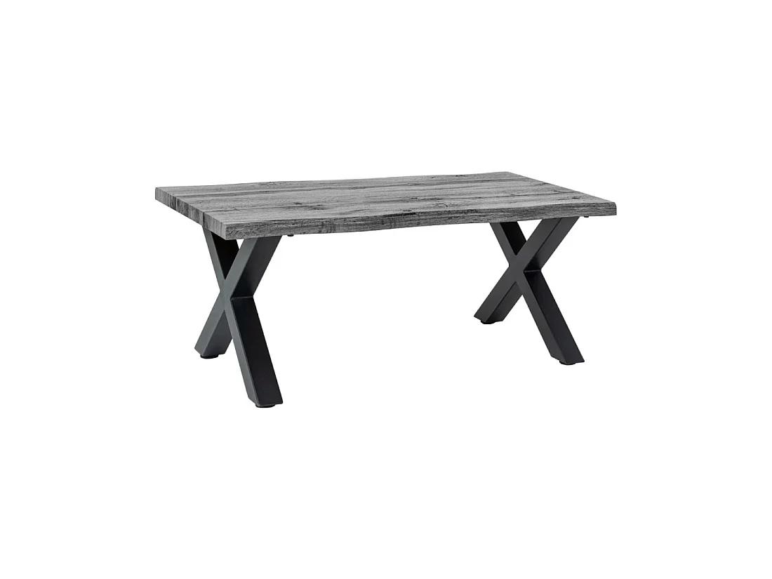 Mesa baja RIVET efecto madera gris y patas metálicas negras en X – mesa de diseño industrial moderno