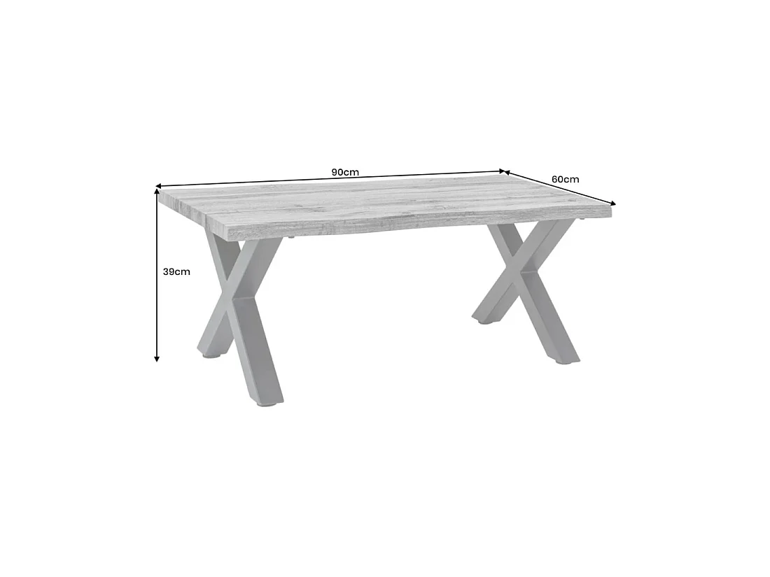 Mesa baja RIVET efecto madera gris y patas metálicas negras en X – mesa de diseño industrial moderno