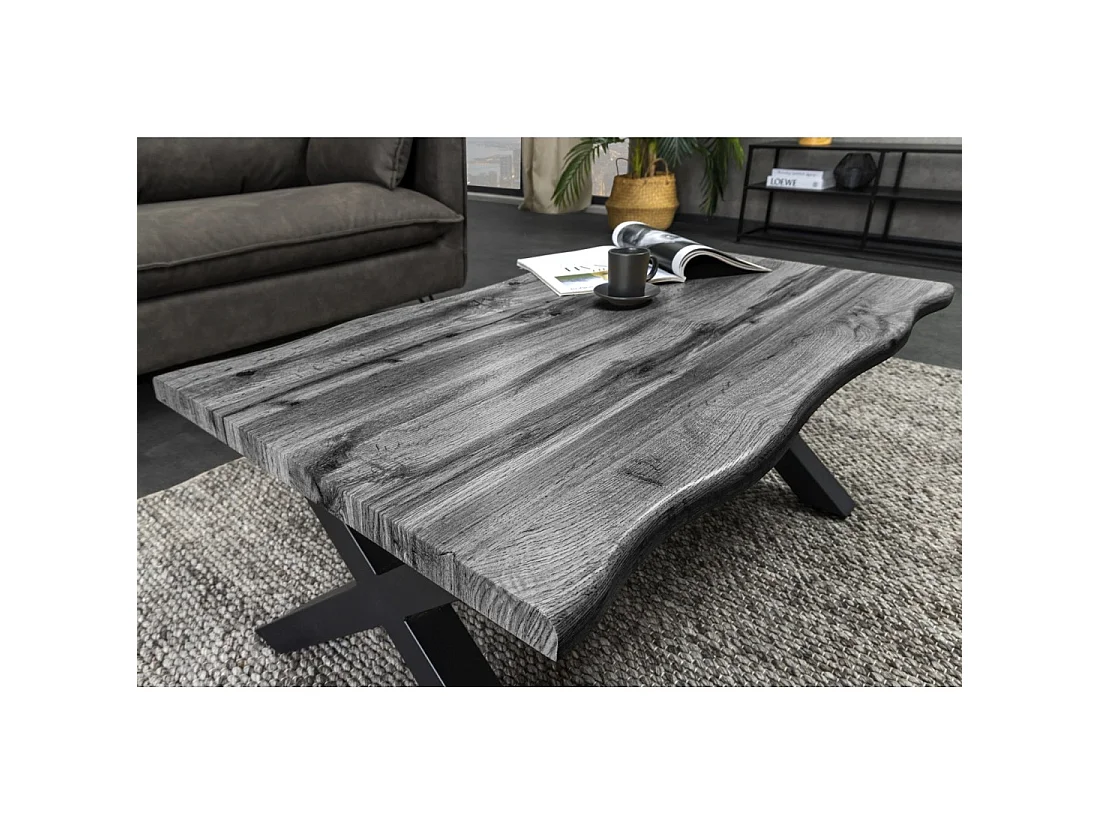 Mesa baja RIVET efecto madera gris y patas metálicas negras en X – mesa de diseño industrial moderno