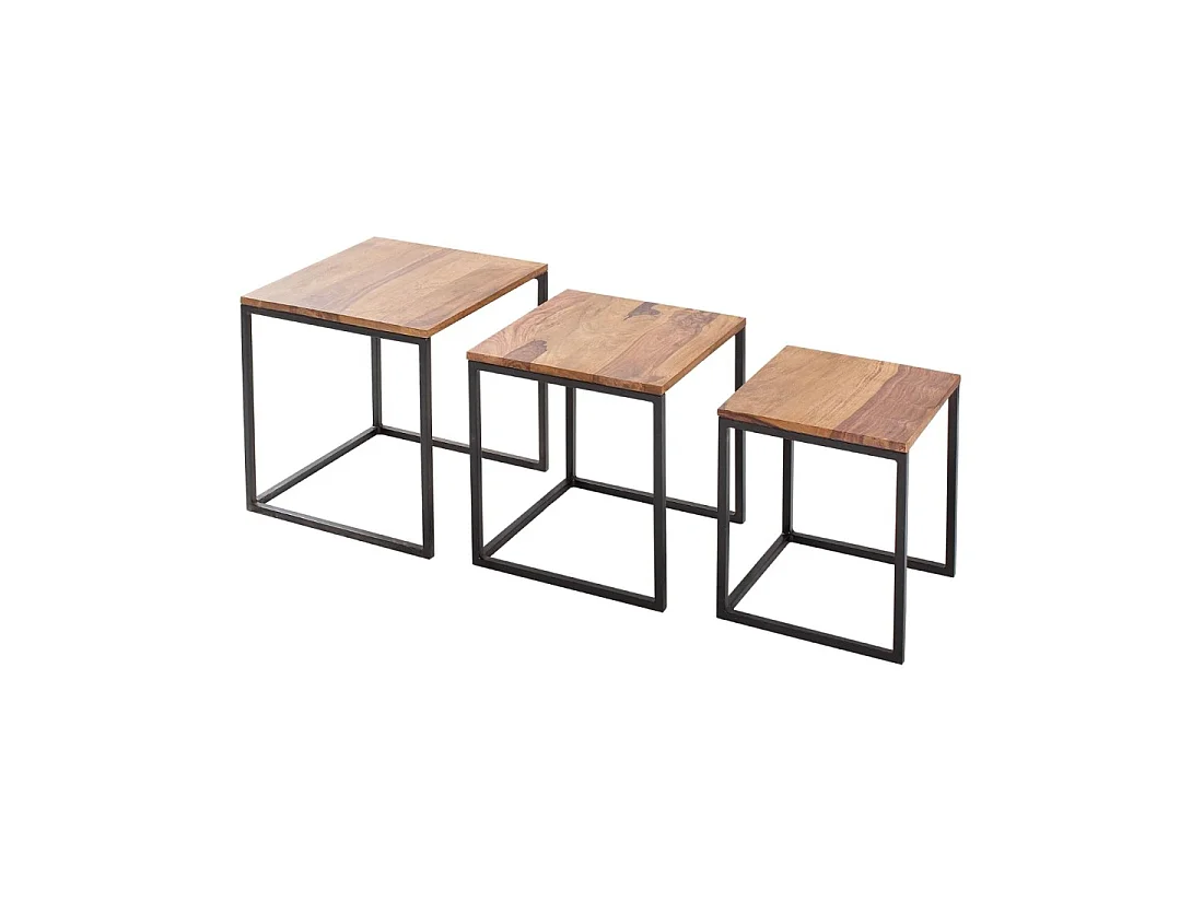 Tables basses gigognes VORTEX bois massif Sheesham et métal noir – lot de 3 tables carrées style industriel