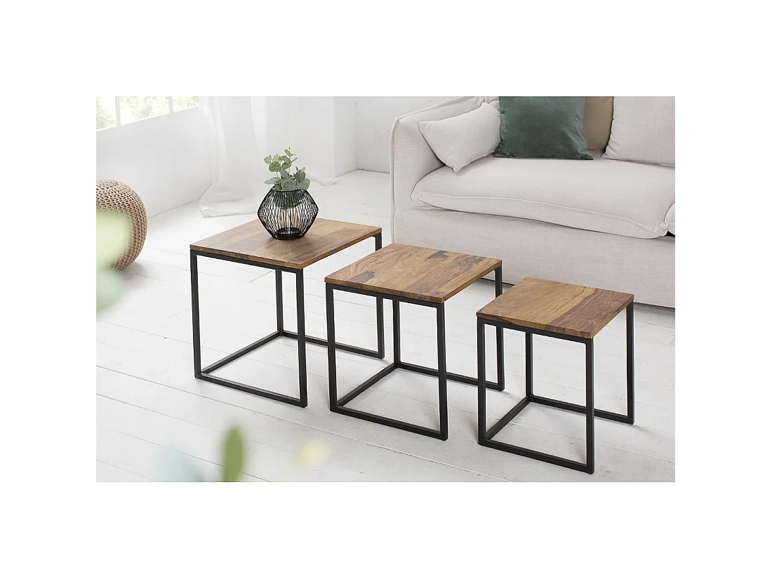 Tables basses gigognes VORTEX bois massif Sheesham et métal noir – lot de 3 tables carrées style industriel