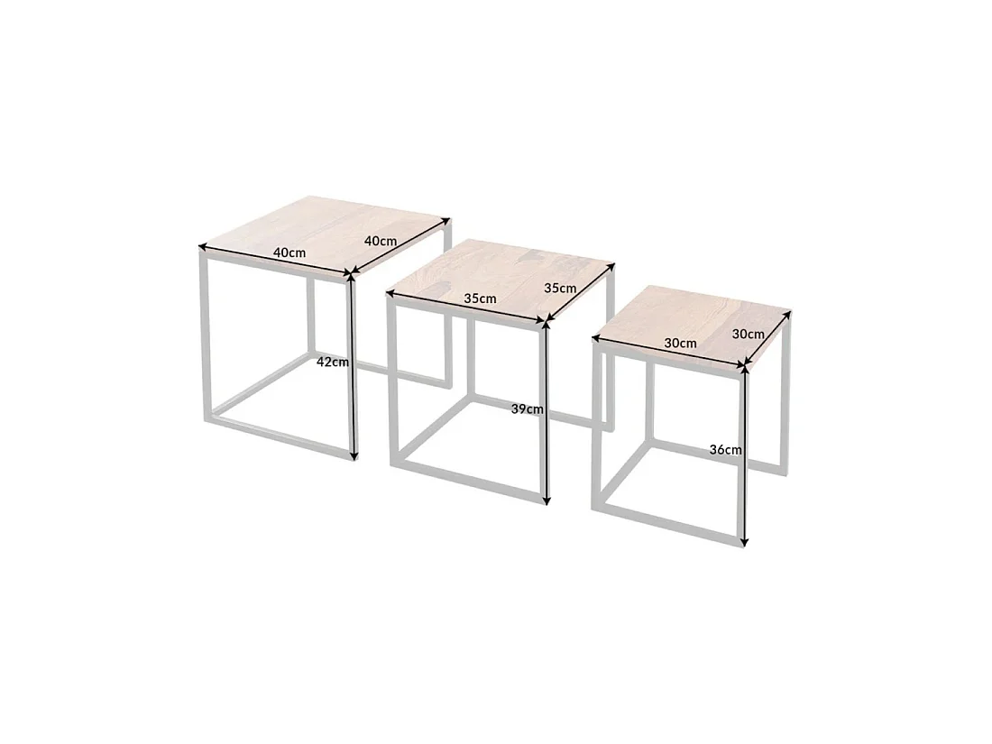 Tables basses gigognes VORTEX bois massif Sheesham et métal noir – lot de 3 tables carrées style industriel
