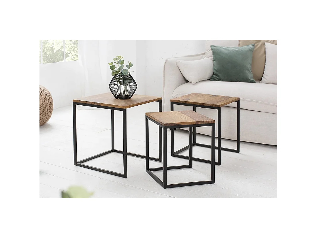 Tables basses gigognes VORTEX bois massif Sheesham et métal noir – lot de 3 tables carrées style industriel