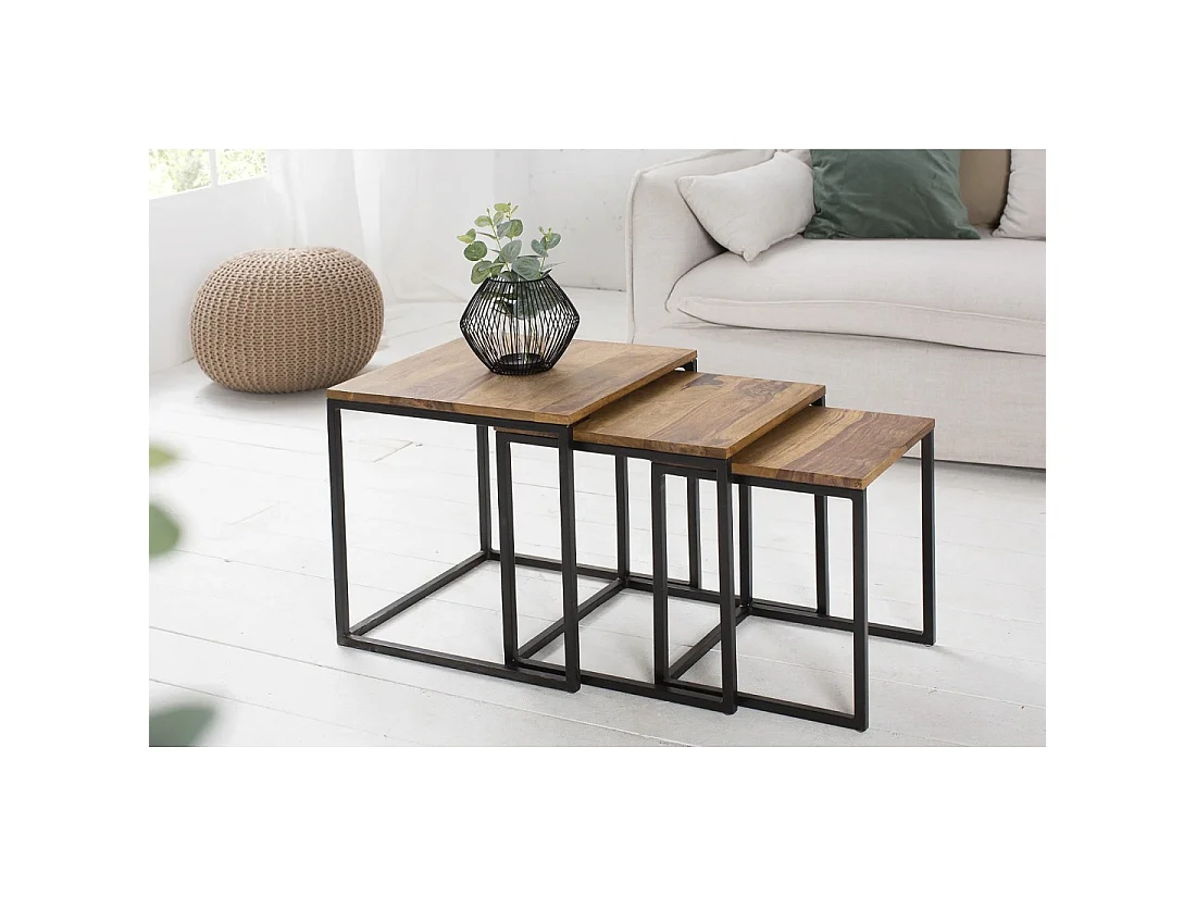 Tables basses gigognes VORTEX bois massif Sheesham et métal noir – lot de 3 tables carrées style industriel