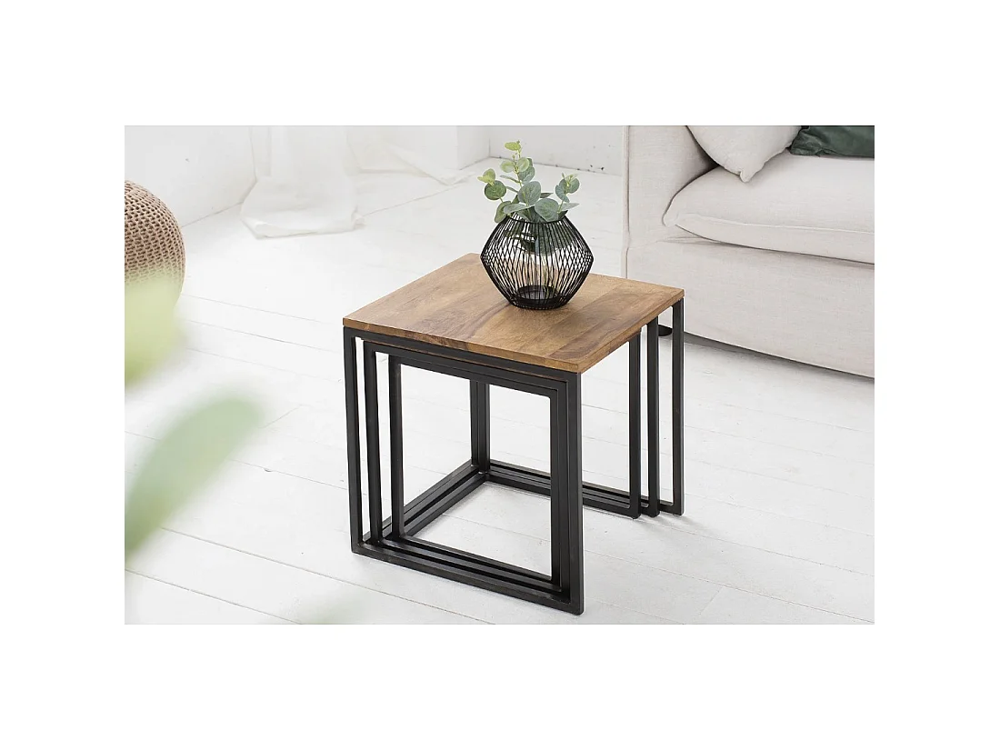 Tables basses gigognes VORTEX bois massif Sheesham et métal noir – lot de 3 tables carrées style industriel