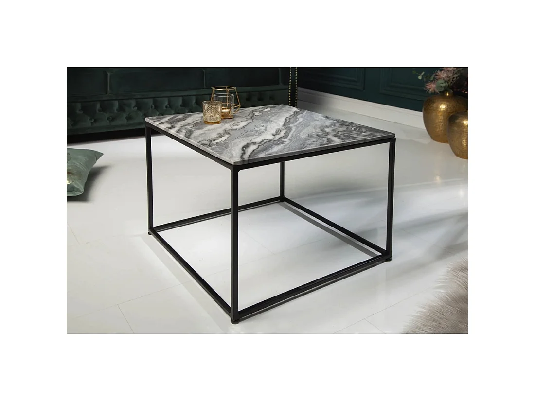 Table basse VORTEX 50 cm en marbre gris poli avec structure métal noir