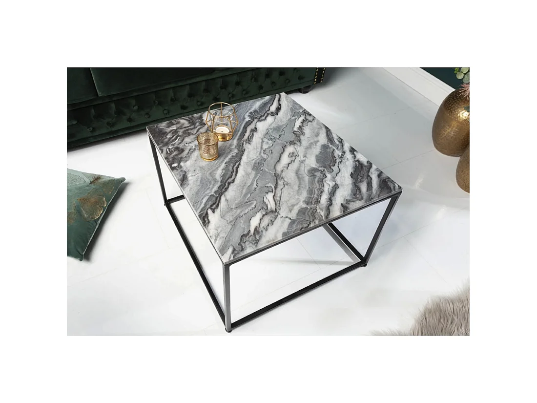 Table basse VORTEX 50 cm en marbre gris poli avec structure métal noir
