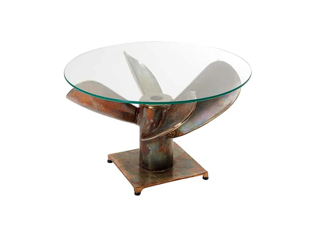 Couchtisch ALUMIA rund 60 cm aus gehärtetem Glas und Aluminium mit Kupfer-Finish – Industriedesign Helix