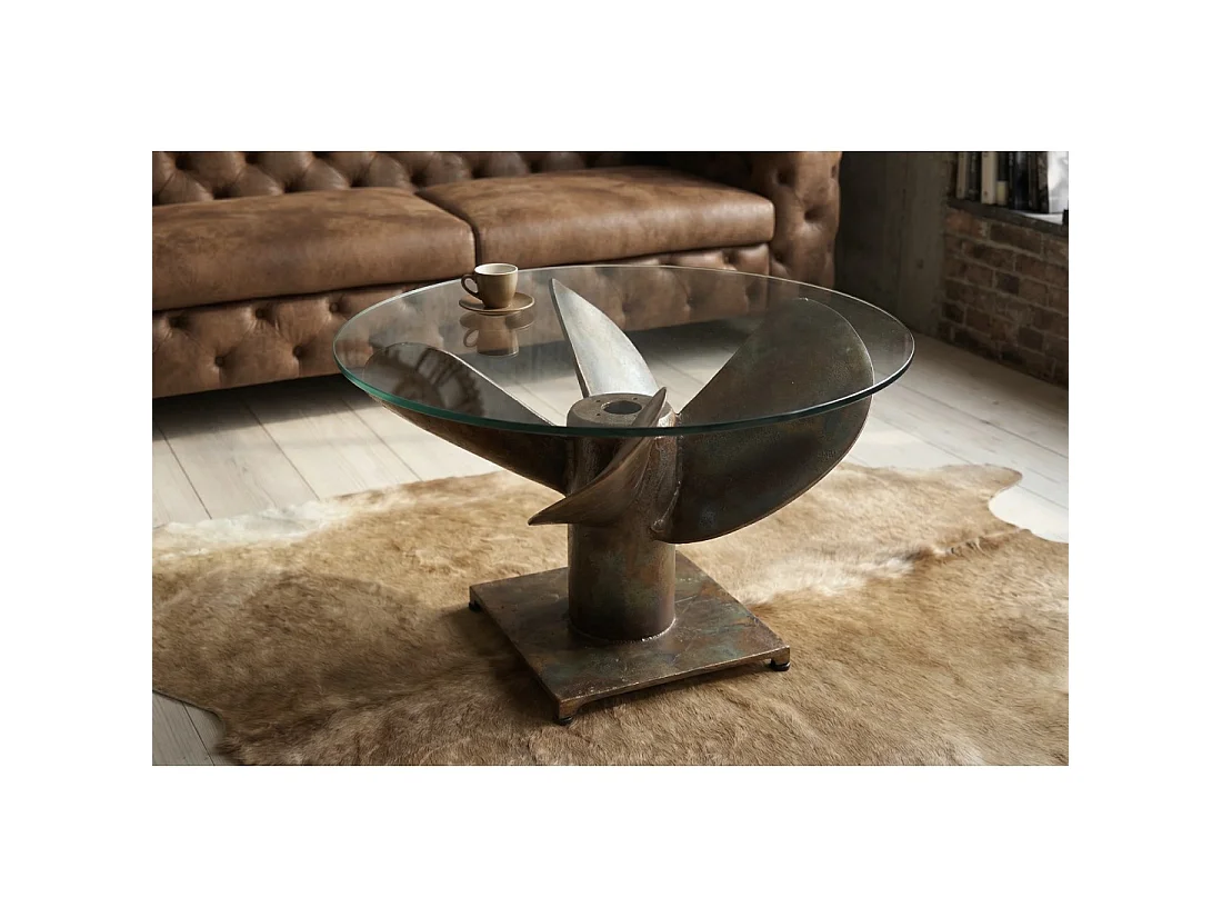 Couchtisch ALUMIA rund 60 cm aus gehärtetem Glas und Aluminium mit Kupfer-Finish – Industriedesign Helix