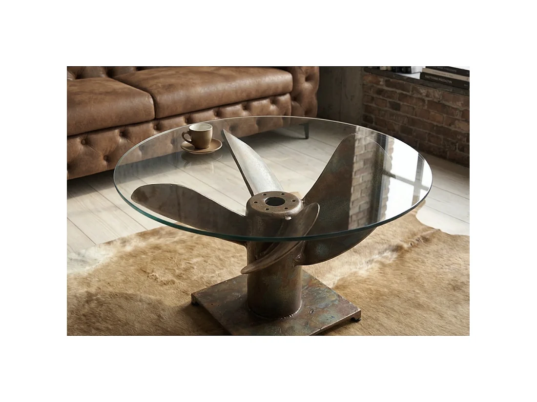 Couchtisch ALUMIA rund 60 cm aus gehärtetem Glas und Aluminium mit Kupfer-Finish – Industriedesign Helix