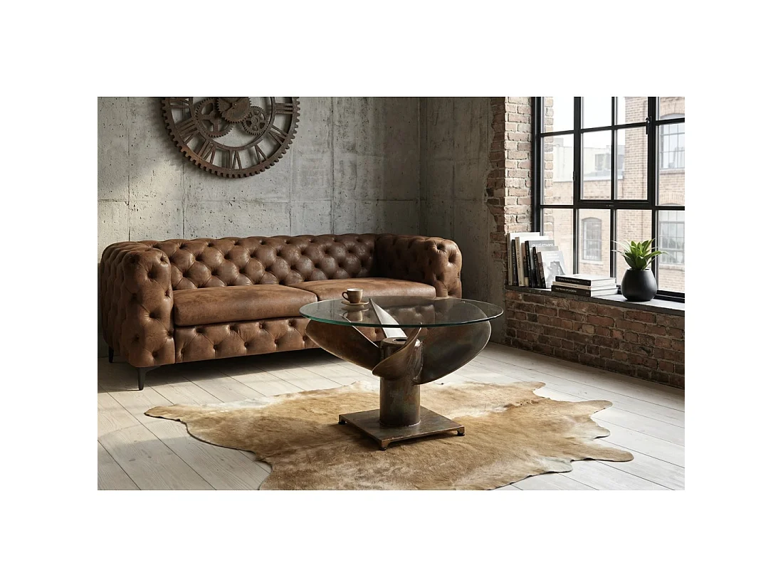Couchtisch ALUMIA rund 60 cm aus gehärtetem Glas und Aluminium mit Kupfer-Finish – Industriedesign Helix