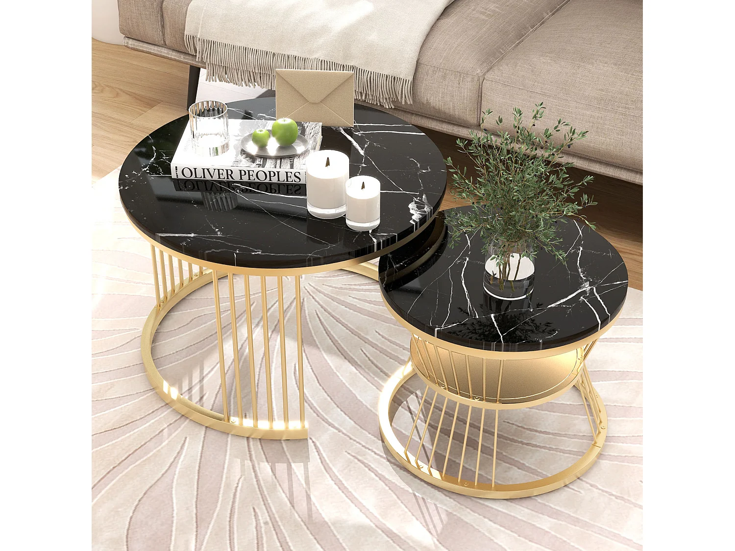 Tables Basses Gigognes, Lot de 2, Plateau Effet Marbre Noir, Structure Noire, Design Moderne pour Salon, 70/45cm