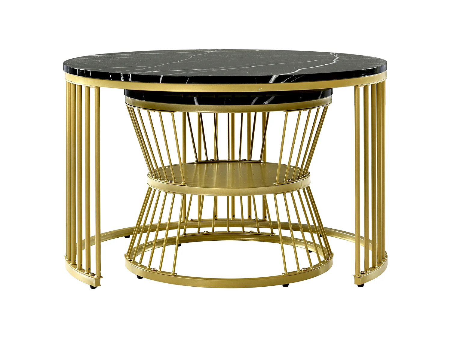 Tables Basses Gigognes, Lot de 2, Plateau Effet Marbre Noir, Structure Noire, Design Moderne pour Salon, 70/45cm