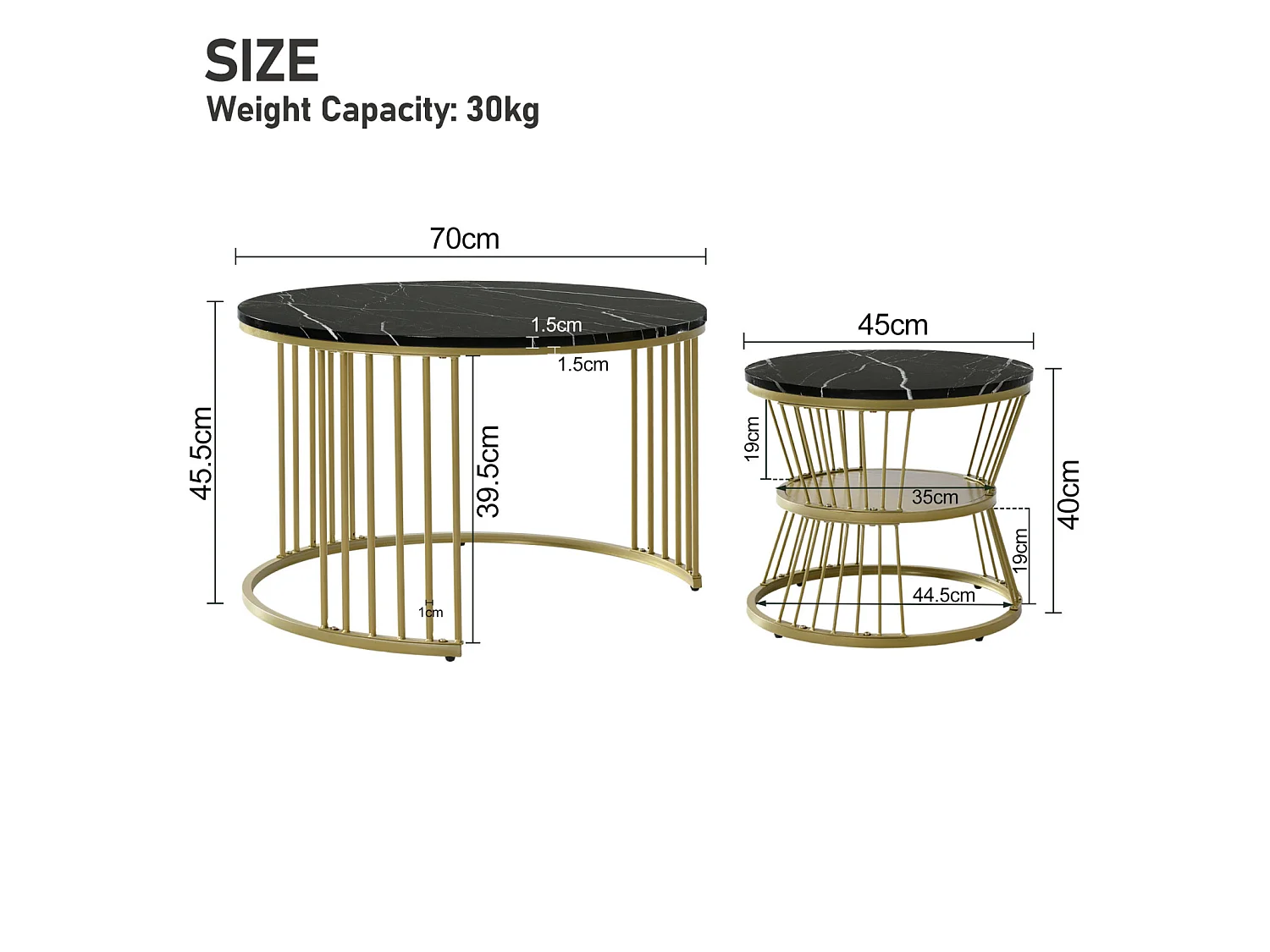 Tables Basses Gigognes, Lot de 2, Plateau Effet Marbre Noir, Structure Noire, Design Moderne pour Salon, 70/45cm