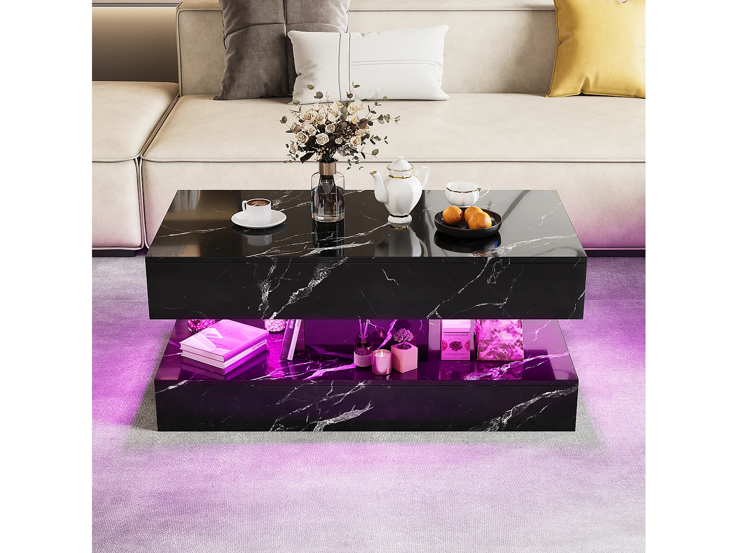 Table Basse Marbre Noir Haute Brillance 100x50x45cm, Carrée avec LED RGB Contrôle APP, 2 Tiroirs Press-to-Open, Lumière Ambiance