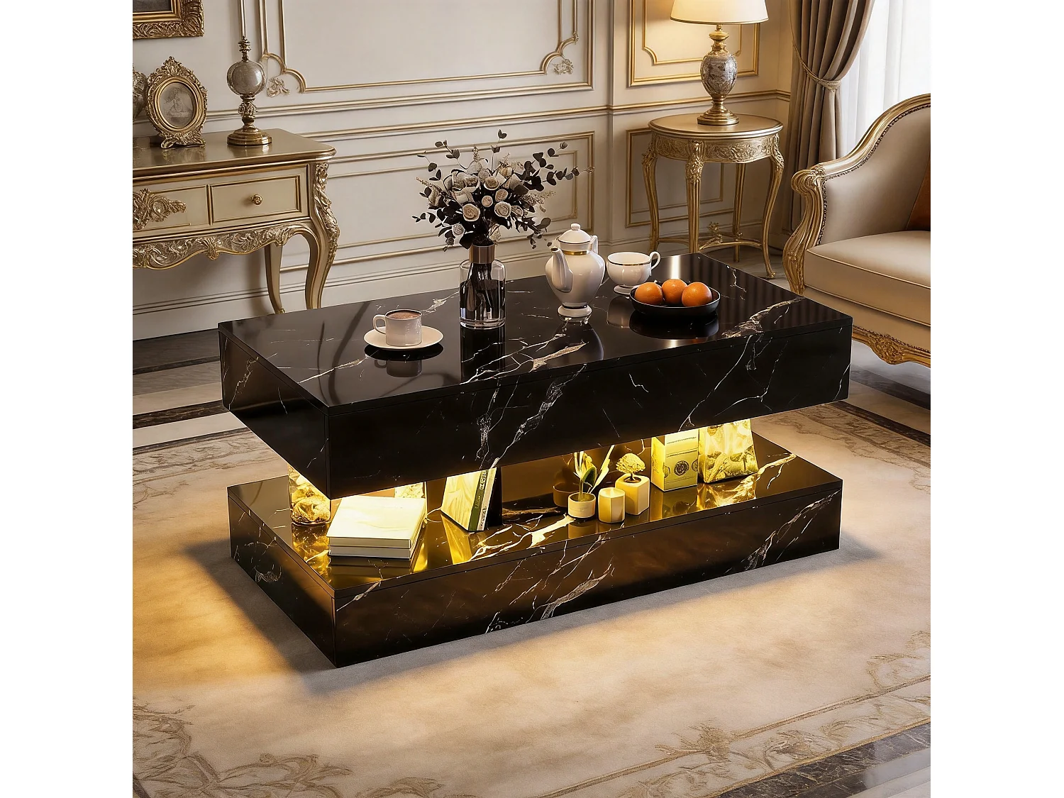 Table Basse Marbre Noir Haute Brillance 100x50x45cm, Carrée avec LED RGB Contrôle APP, 2 Tiroirs Press-to-Open, Lumière Ambiance
