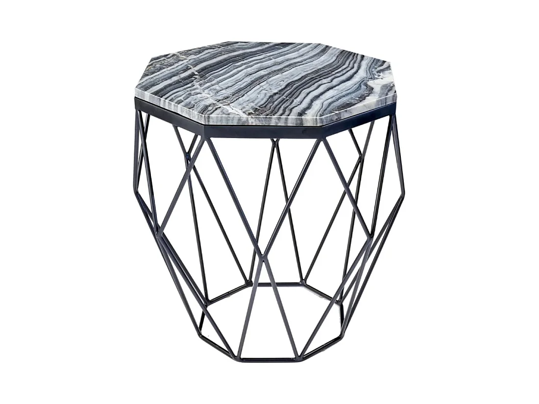 Mesa baja NEXORA 50 cm en mármol gris y metal negro diseño geométrico