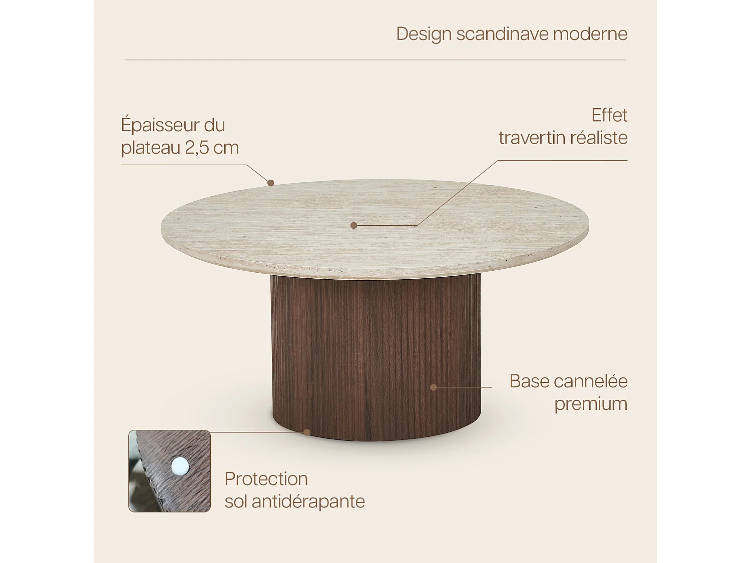 Juego de 2 mesas de centro nido redondas ESME - Tablero efecto travertino beige - Patas nogal oscuro