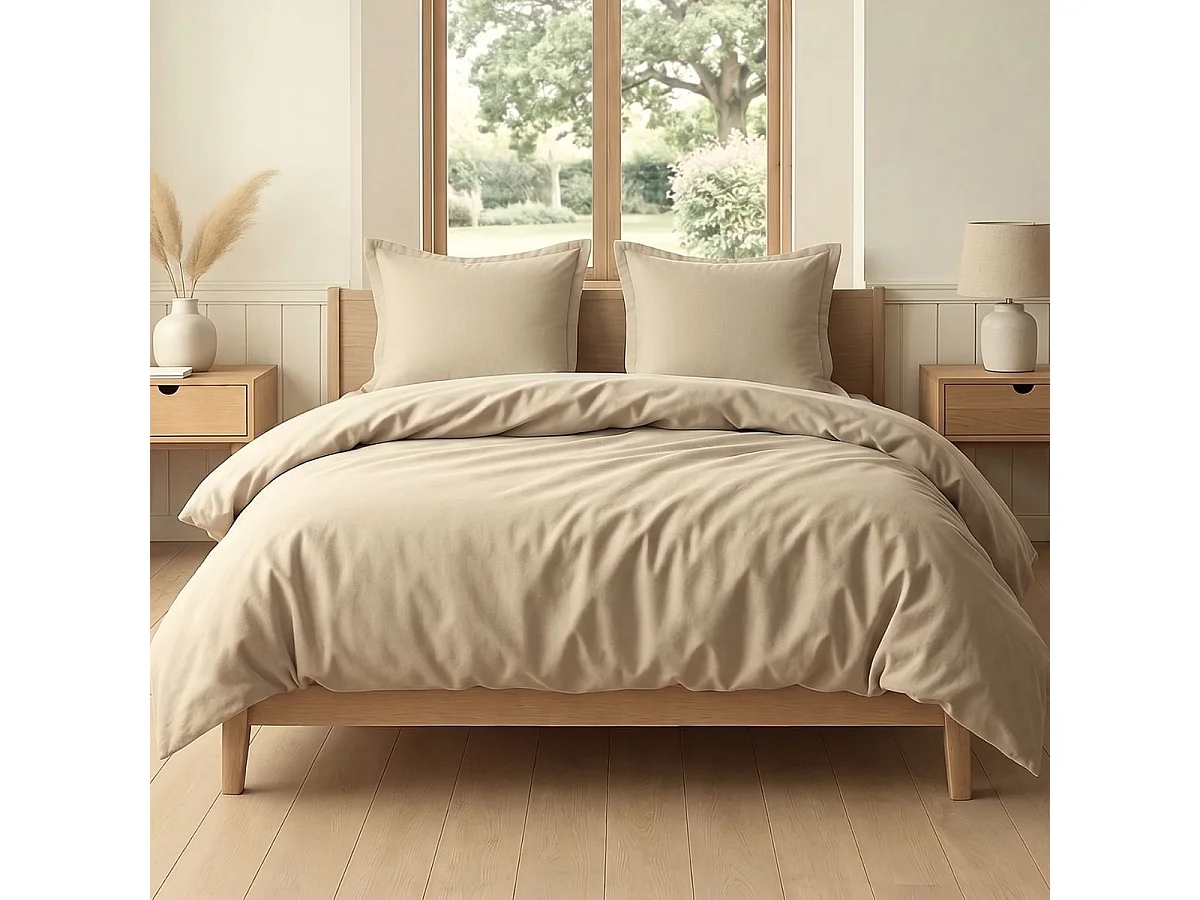 Parure housse de couette 260x240cm + 2 taies 100% coton grège - VITALIA