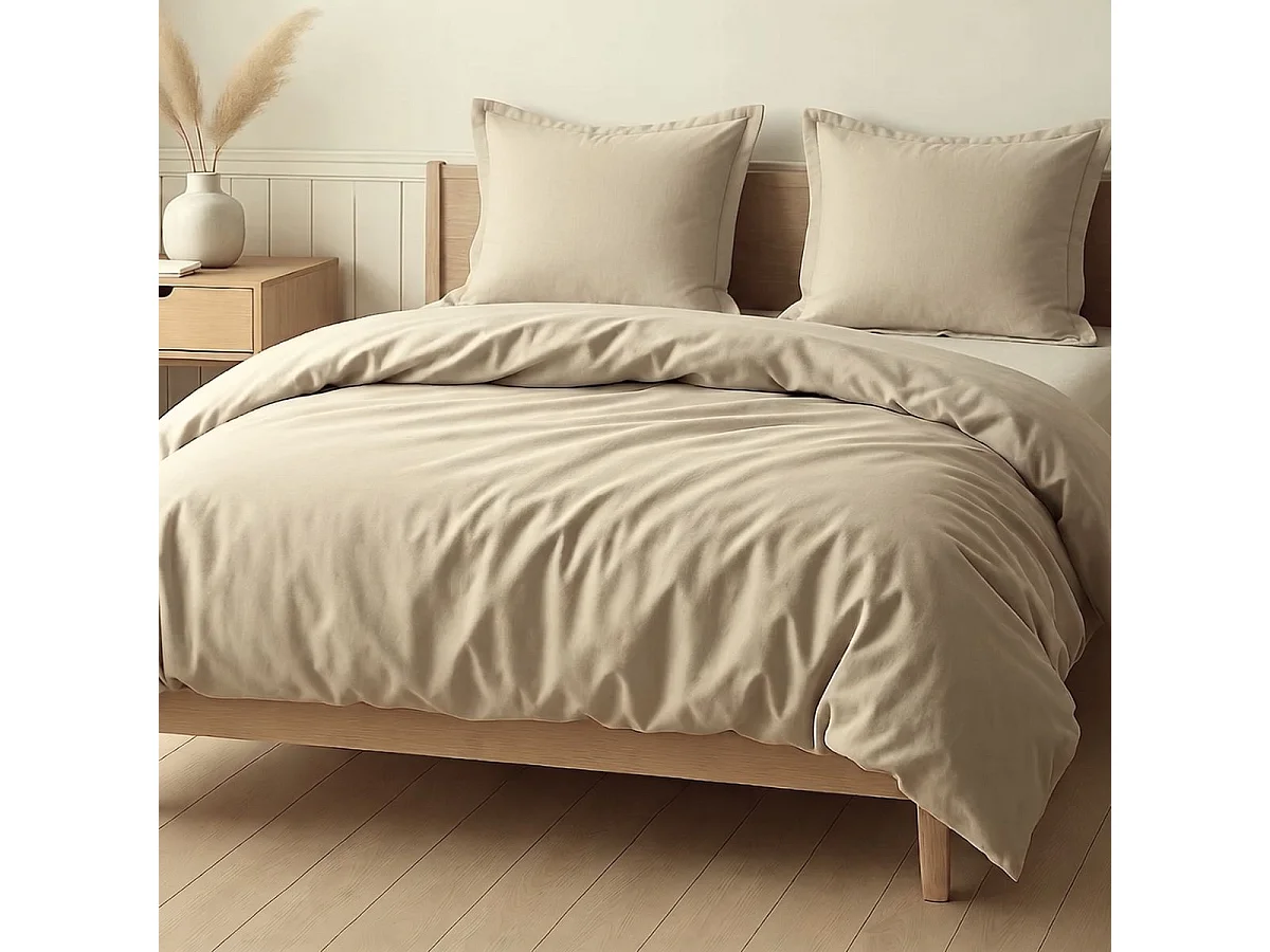 Parure housse de couette 260x240cm + 2 taies 100% coton grège - VITALIA