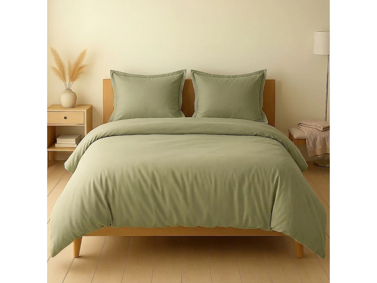 Parure housse de couette 260x240cm + 2 taies 100% coton verveine - VITALIA