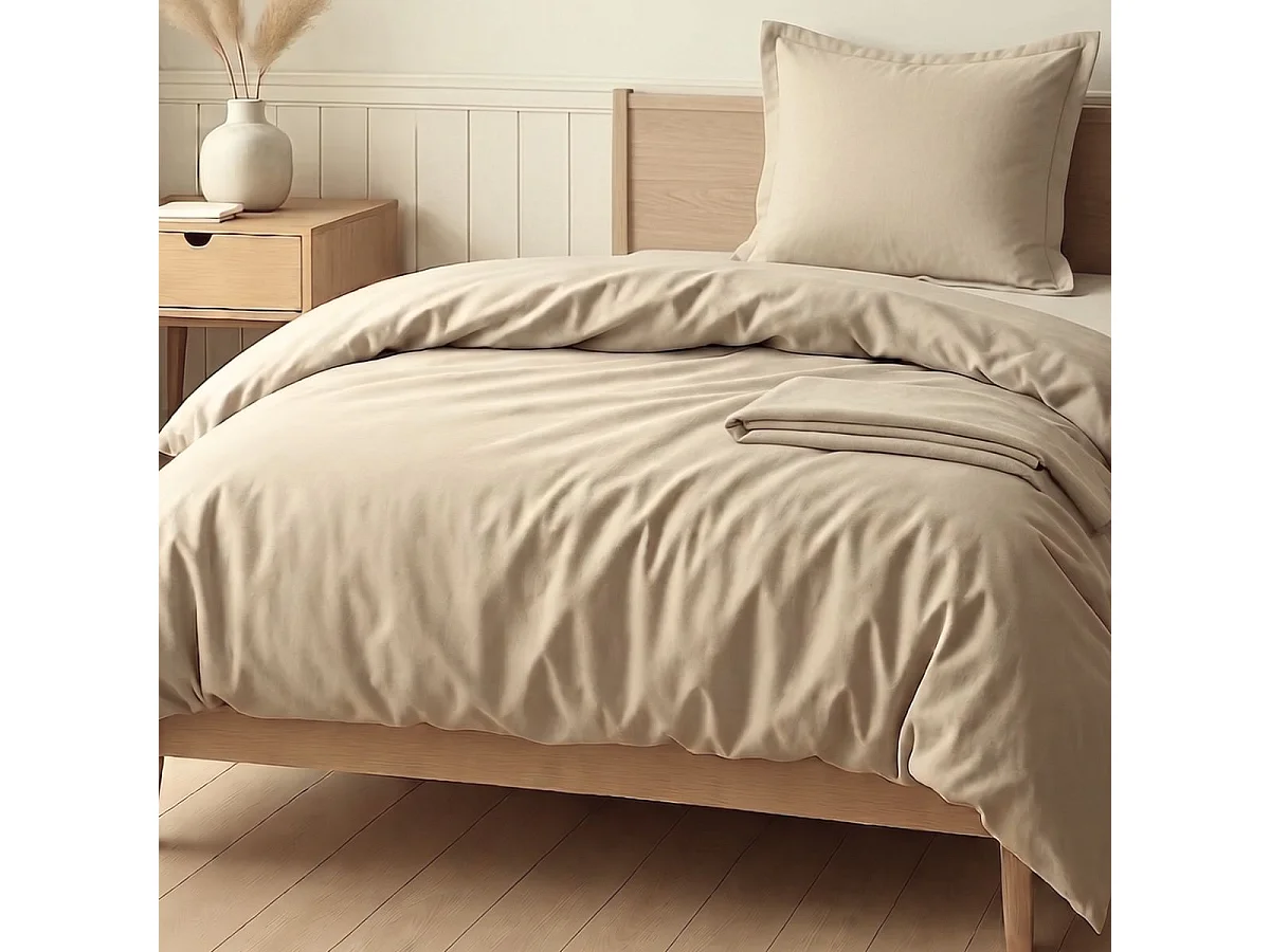 Parure housse de couette 140x200cm + 1 taies 100% coton grège - VITALIA