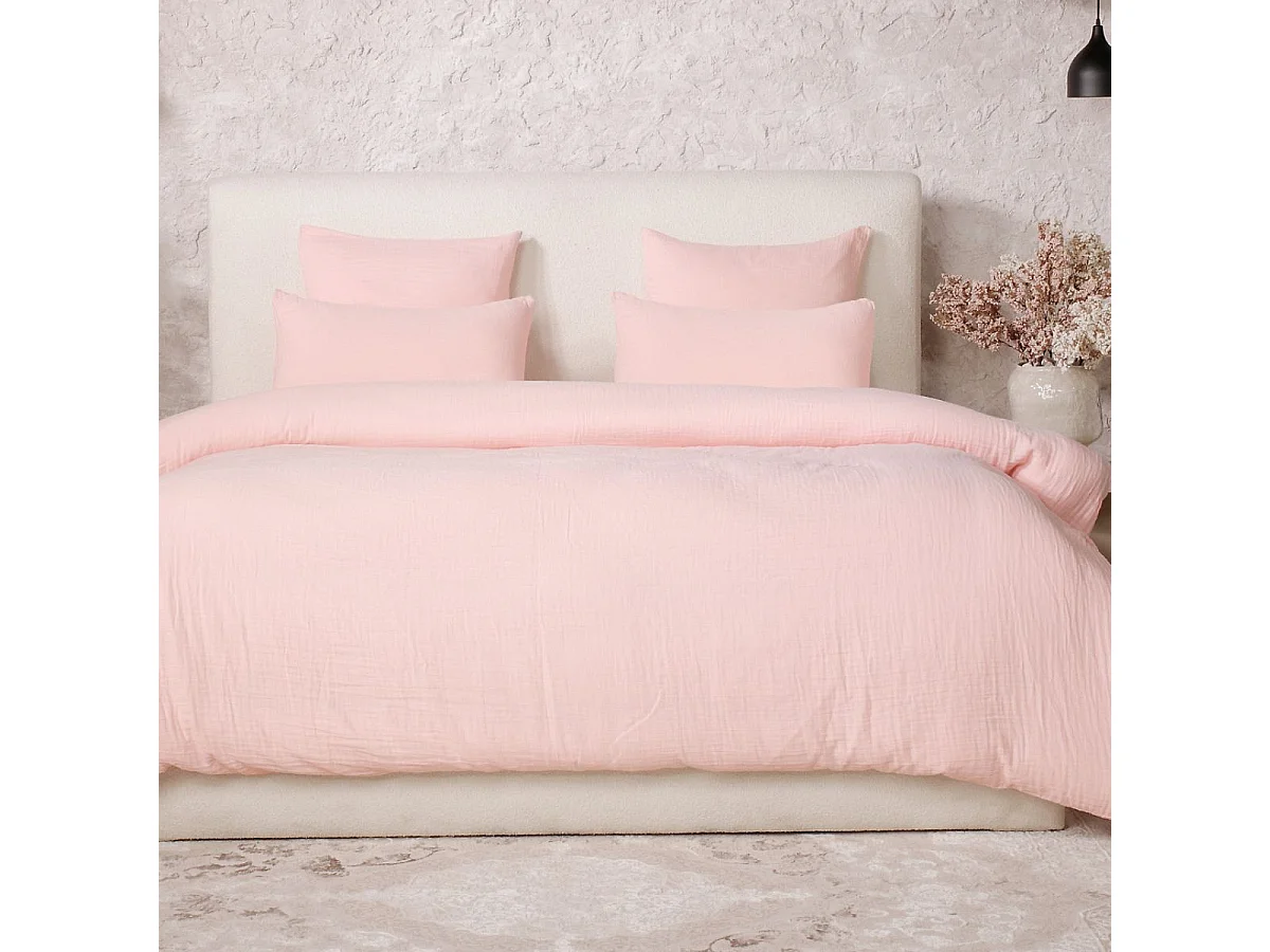 Parure housse de couette 260x240cm + 2 taies 100% gaze de coton lavée rose lotus - VALMA