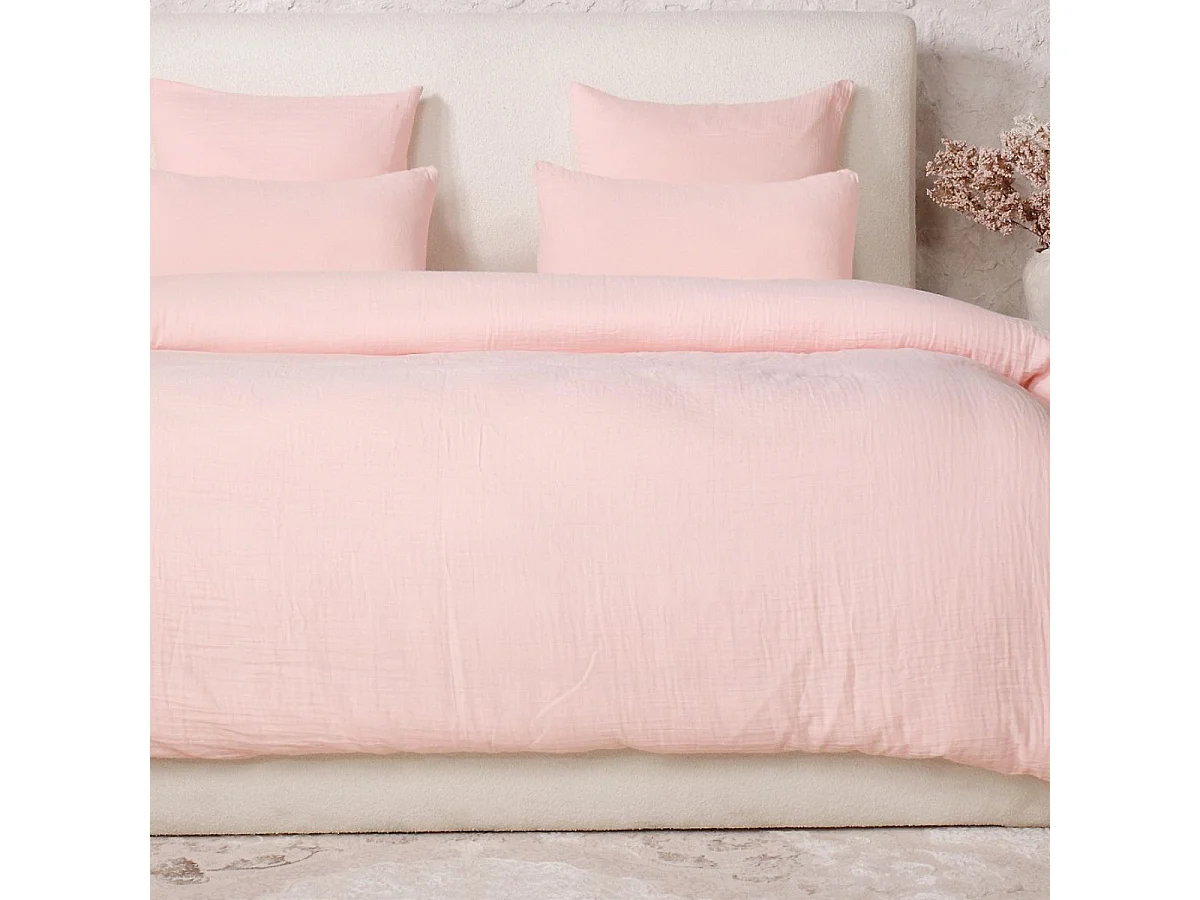 Parure housse de couette 260x240cm + 2 taies 100% gaze de coton lavée rose lotus - VALMA