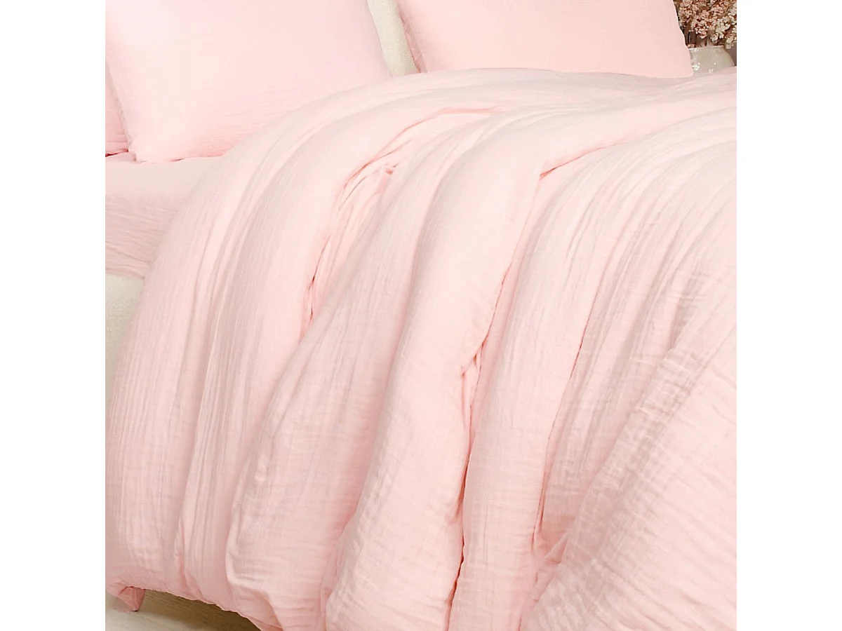 Parure housse de couette 260x240cm + 2 taies 100% gaze de coton lavée rose lotus - VALMA