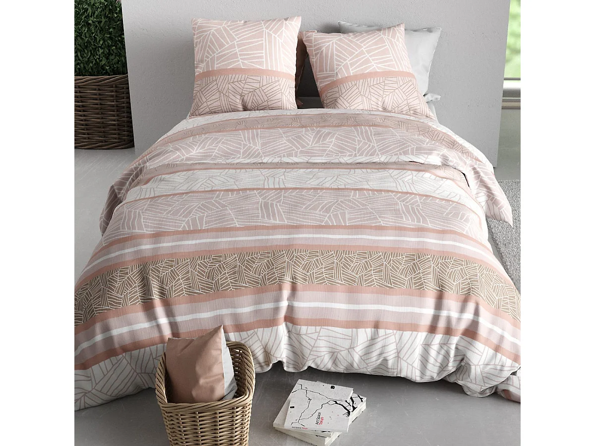 Parure housse de couette 240x220cm + 2 taies motif graphique rose 100% coton - TRISHIA
