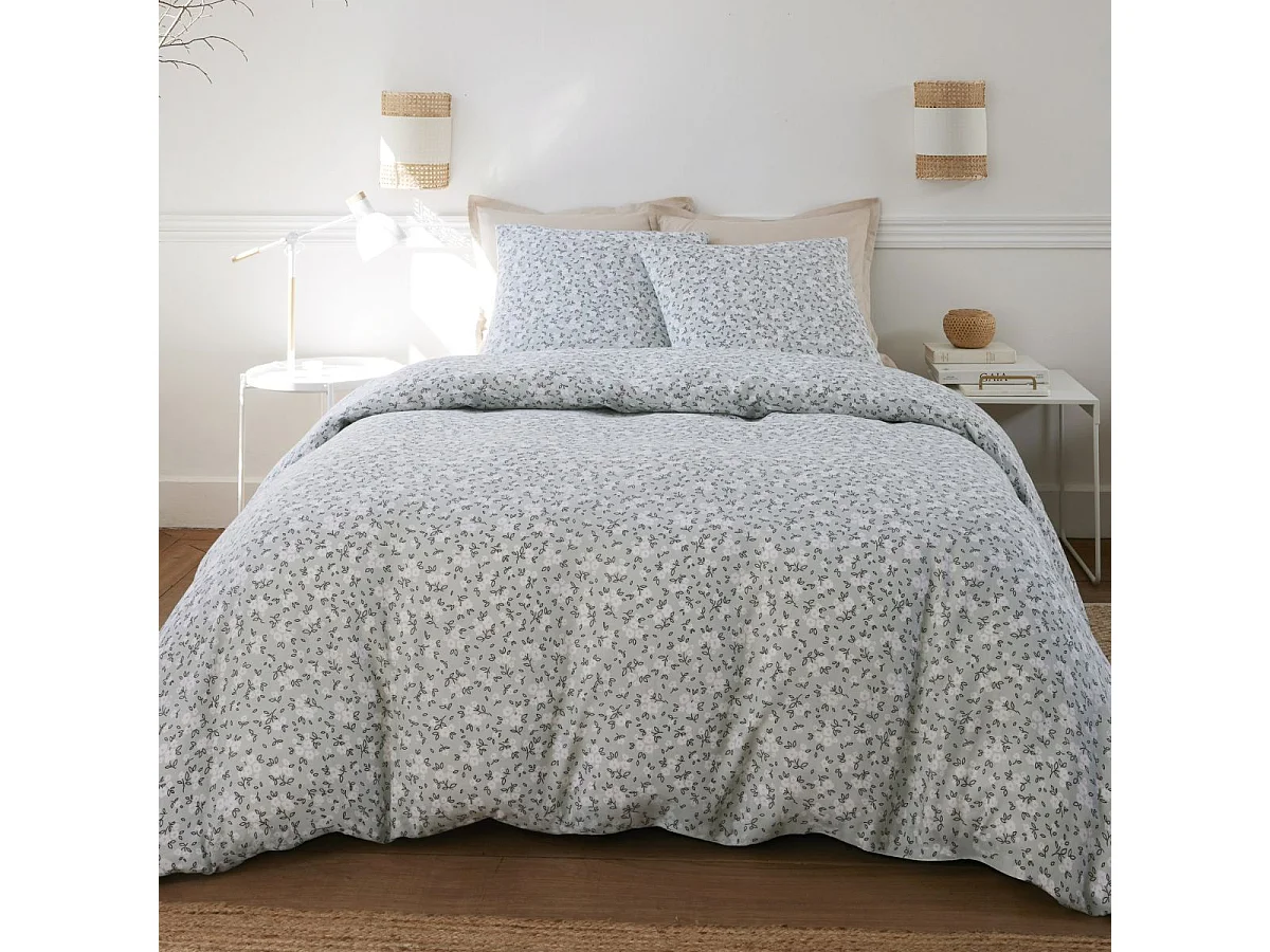 Parure housse de couette 240x220cm + 2 taies motif liberty céladon 100% gaze de coton - ELMA