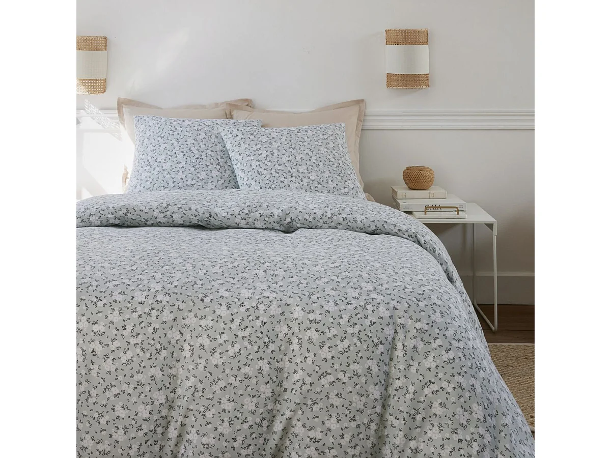 Parure housse de couette 240x220cm + 2 taies motif liberty céladon 100% gaze de coton - ELMA