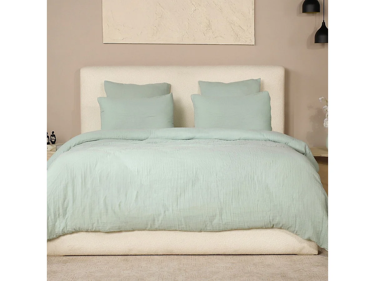 Parure housse de couette 240x220cm + 2 taies 100% gaze de coton lavée vert givré - VALMA