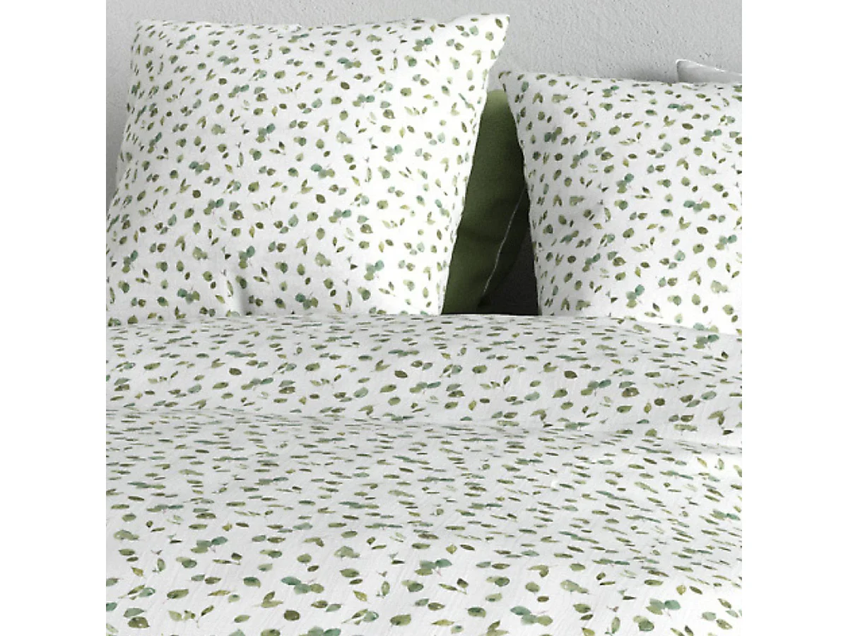 Parure housse de couette 240x220cm + 2 taies motif petites feuilles blanc et vert 100% coton - LAZARE