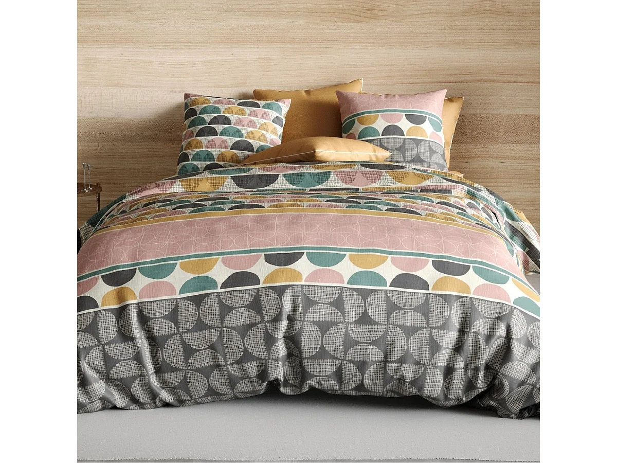 Parure housse de couette 260x240cm + 2 taies motifs multicolores 100% coton - ANTHEOS